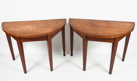 PR. OF HEPPLEWHITE TIGER MAPLE DEMILUNE TABLES