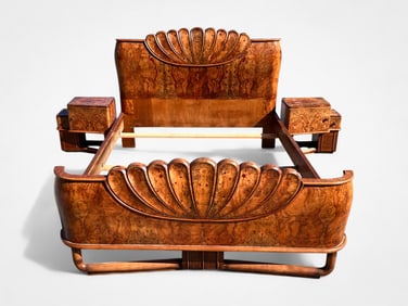 ART DECO BURL WOOD BED WITH 2 NIGHTSTANDS