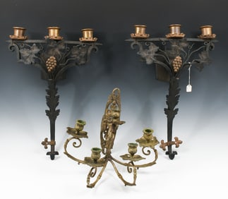 3 PC. ORNATE WROUGHT IRON & BRASS SCONCES