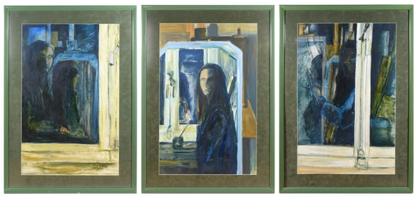 THREE LARGE ILLEGIBLY SIGNED INTERIOR SCENES