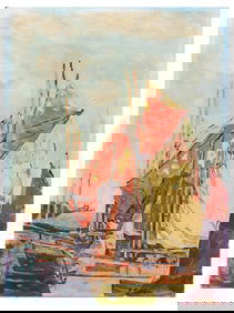 GEORGII LAPSHIN "RED SAILS AT DOCK" PAINTING