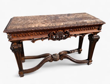 TESSELLATED MARBLE TOP CARVED HALL TABLE
