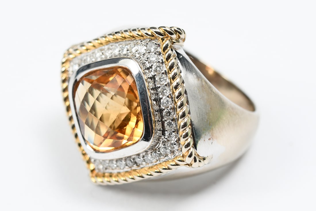 14K 2 TONE CUSHION MIX CUT CITRINE & DIAMOND RING (1 of 7)
