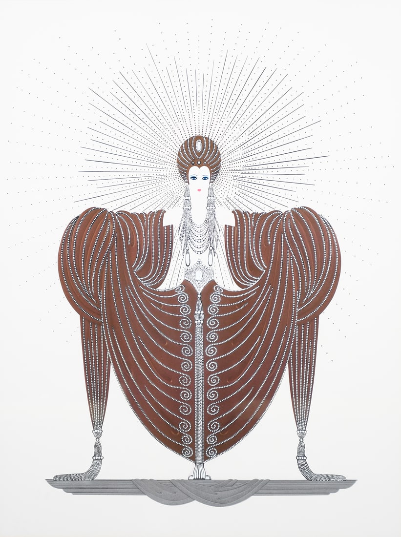 ERTE "RADIANCE" LITHOGRAPH BY CHALK AND VERMILLION: ERTE, aka Romain de Tirtoff, (Russian/French, 1892-1990): “Radiance”, Lithograph, 24” x 18”, framed, 39.5” x 33.5”. Label affixed verso indicates this print is from an