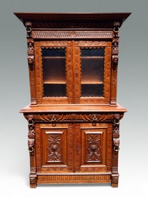 RELIEF-CARVED LION MOTIF CHINA CUPBOARD