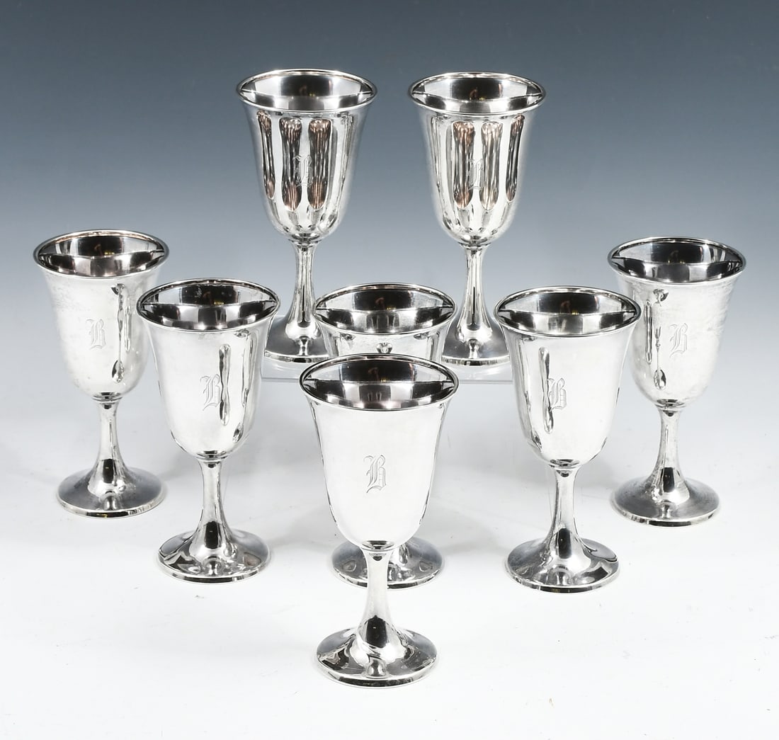 8 PC. VINEGAR BROS. STERLING SILVER WINE GOBLETS: 8 PC. VINEGAR BROS. STERLING SILVER WINE GOBLETS: Approx. 30.49 Troy ounces. A set of 8- Sterling Silver Wine Goblets, by Vinegar Brothers of New York, NY. All Monogrammed. Approx. 6.625" h x 3.5" dia
