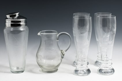 6 PC. ROWLAND WARD ENGRAVED GLASS COCKTAIL SET