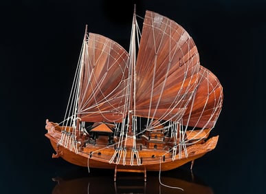 LARGE CARVED WOOD ASIAN SAILING VESSEL SHIP MODEL