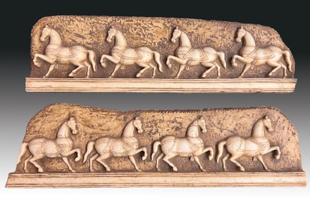 2 CARVED HEAVY MARBLE CAPARISONED HORSE PLAQUES