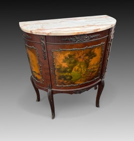 FRENCH PAINTED MARBLE TOP COMMODE