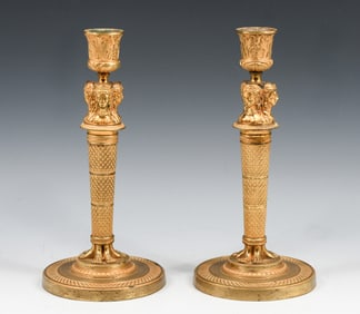 PAIR OF FRENCH EMPIRE DORE BRONZE CANDLESTICKS