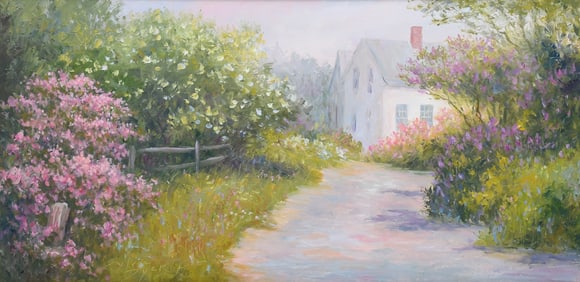 SYLVIA DYER PAINTING COUNTRY COTTAGE FLOWER PATH