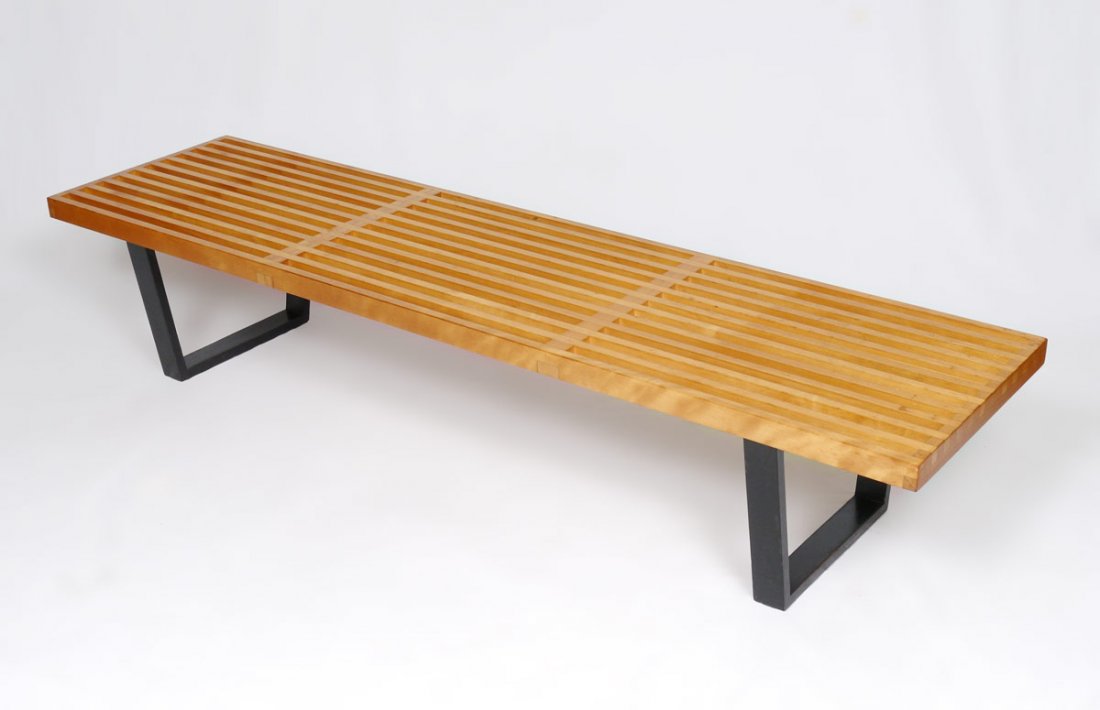 GEORGE NELSON HERMAN MILLER PLATFORM SLAT BENCH: GEORGE NELSON FOR HERMAN MILLER PLATFORM BENCH: Iconic slat bench first introduced in 1946. Paper Herman Miller label. Measures 14 1/4" h x 72 1/4" l x 18 3/4" d. For a pair consider the following lot