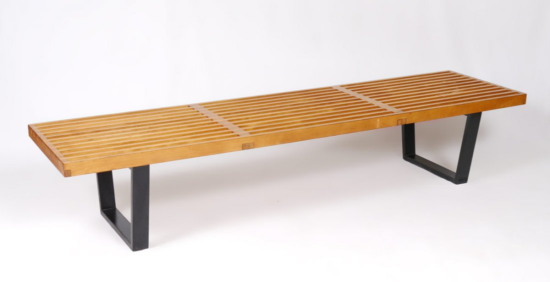 GEORGE NELSON HERMAN MILLER PLATFORM SLAT BENCH: GEORGE NELSON FOR HERMAN MILLER PLATFORM BENCH: Iconic slat bench first introduced in 1946. Measures approx. 14 1/2'' tall x 8 ft. long x 19''. For a pair consider the previous lot 93.