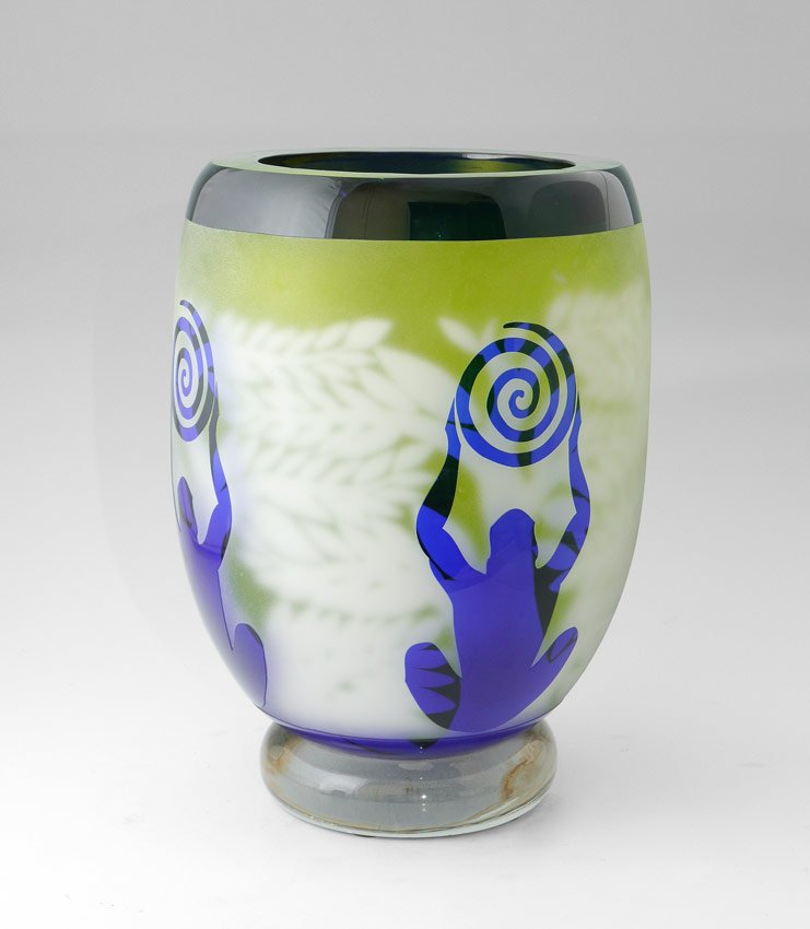 DUNCAN McCLELLAN ART GLASS VASE: McCLELLAN, DUNCAN, (American 1955-): Overlay carved glass vase by St. Petersburg treasure Duncan McClellan. Cobalt over green and white. Approx. 11.5'' tall x 7 1/2''.