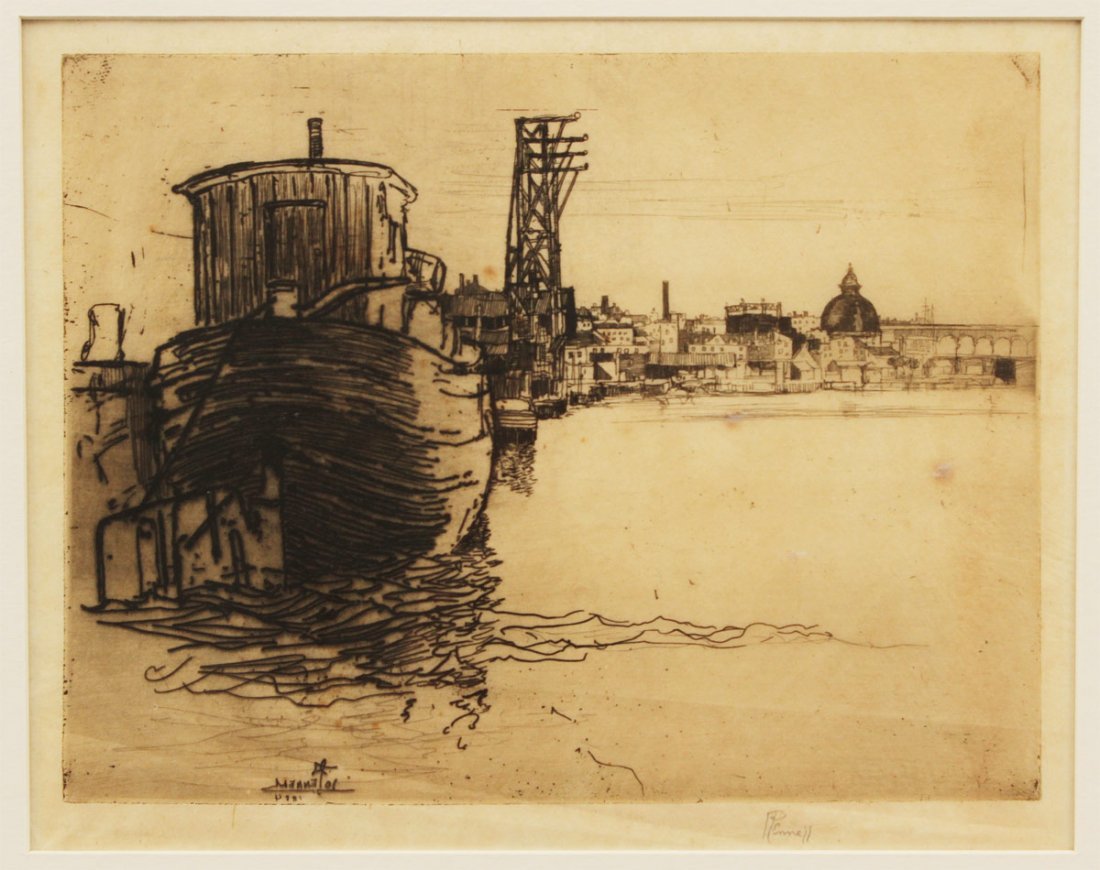 JOSEPH PENNELL ETCHING "EAST BANK OF THE SCHUYLKIILL": PENNELL, Joseph, (American, 1857-1926): "East Bank of the Schuylkill", Etching, Sight size 8 1/4" x 10 3/8", pencil signed lower right, also signed in the plate, dated 1884, painted black frame with w