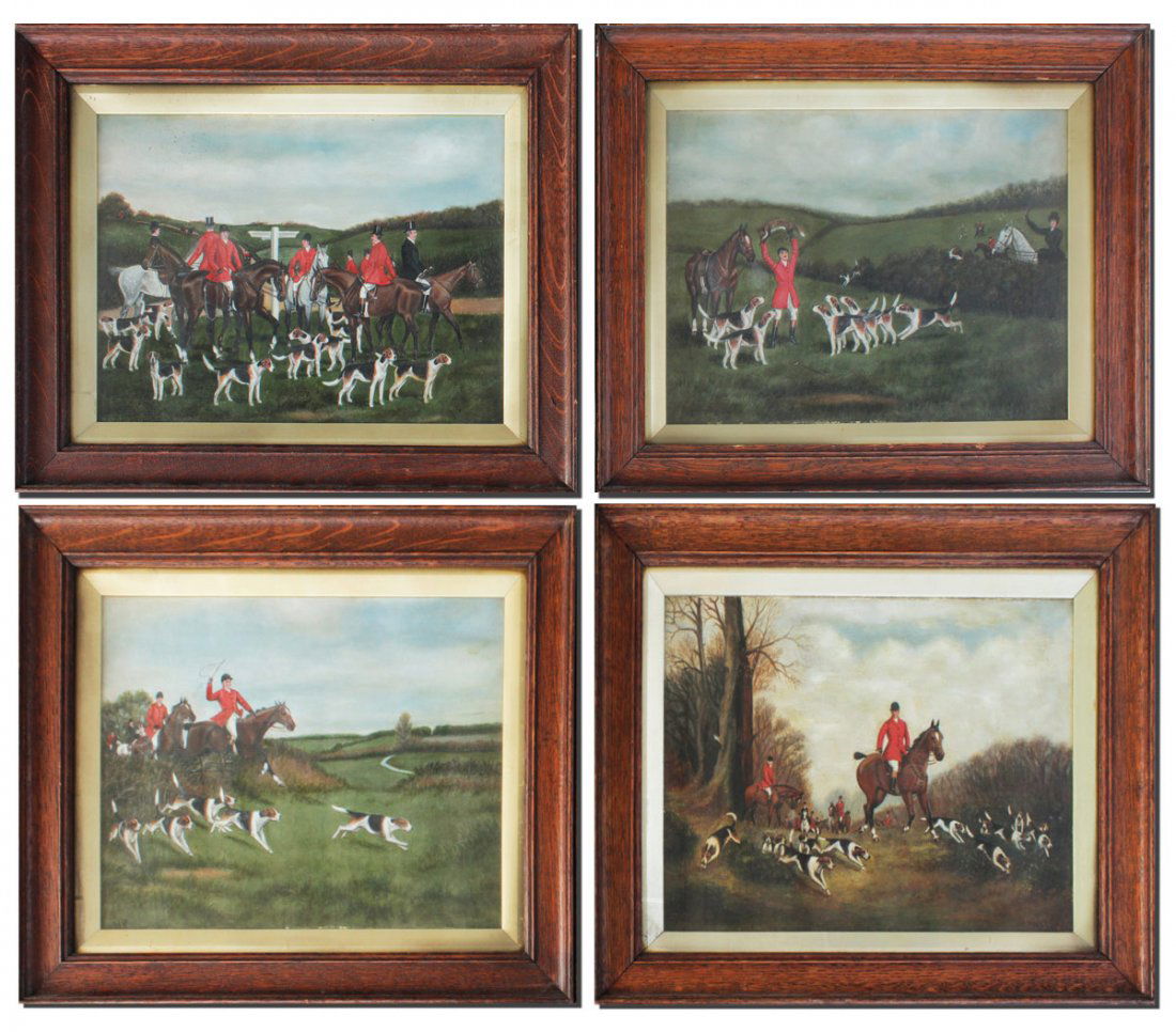 4 PIECE HUNT SCENE PAINTING LOT AFTER ROY MILLER: 4 PIECE HUNT SCENE PAINTING LOT AFTER ROY MILLER: 1) "The Gathering", Oil/Panel, signed RCM lower right, 13 1/4" x 17 1/2", encased in antiqued oak frame, under glass, 16" x 21". 2) "The Chase", Oil/P