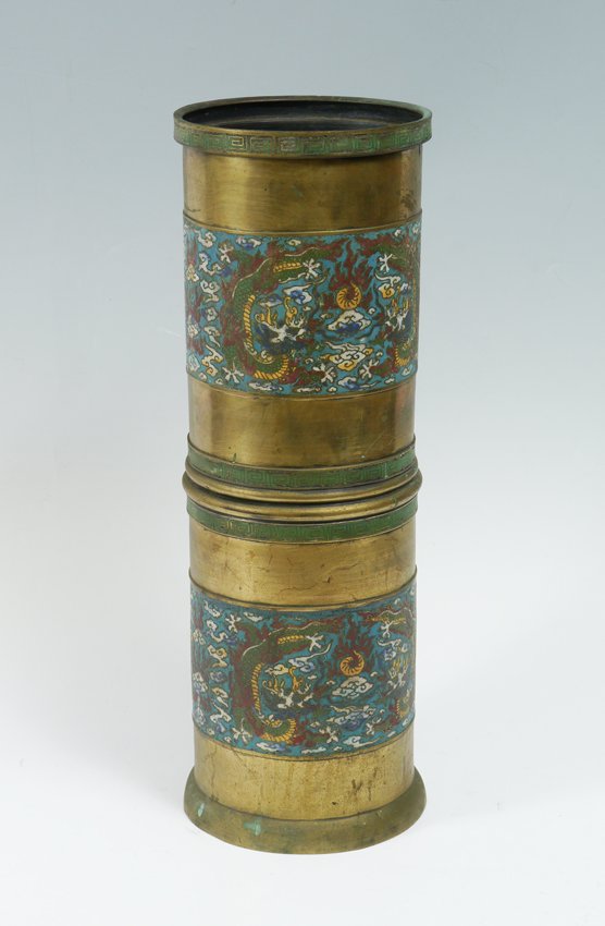 ASIAN CHAMPLEVE UMBRELLA STAND: CHAMPLEVE UMBRELLA STAND: With oriental motifs including dragons. Base has been reattached. Overall 22 3/4" h. x 8 1/4".