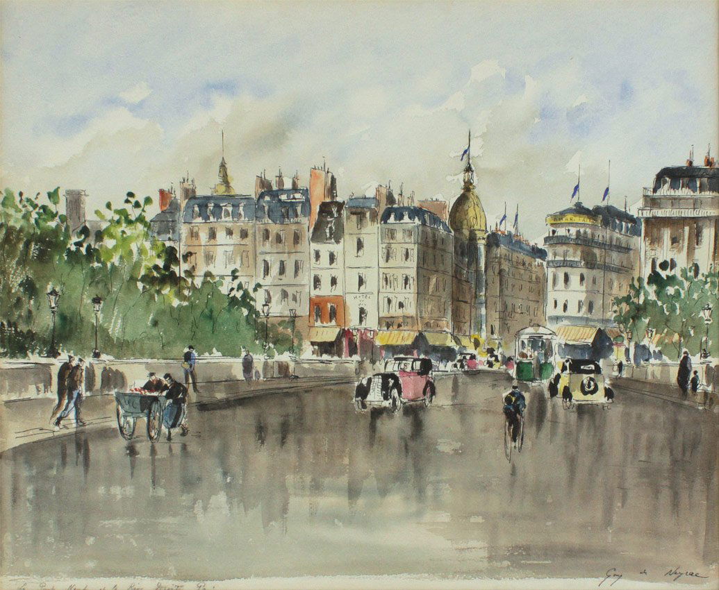 GUI DE NEYRAC PARISIAN PAINTING: NEYRAC, Guy De, (French, 1900-1950): "La Pont-Neuf a la Rive Droite Paris", Watercolor, Sight size 18 1/2" x 23", signed lower right, titled lower left, encased in a carved and painted frame, 30" x 34