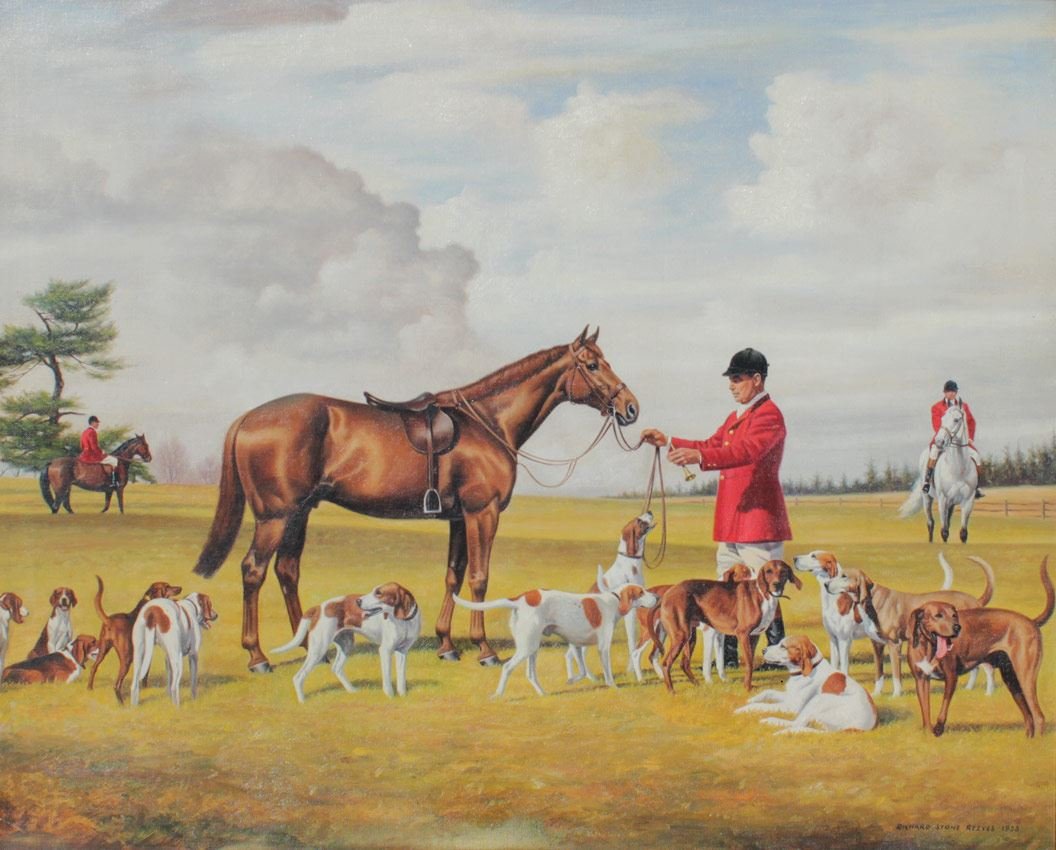 REEVES PAINTING "READYING FOR THE FOX HUNT": REEVES, Richard Stone, (American, 1919-2005): "Readying for the Fox Hunt", Oil/Canvas, name printed lower right, 26 3/4" x 32 3/4", encased in channeled gilded frame, 31 1/2" x 37 3/4". It is of the m