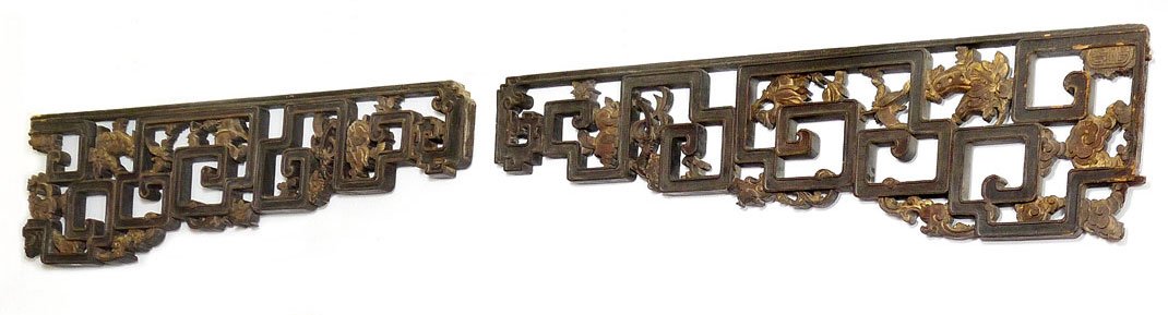 2 CARVED CHINESE VALENCE PANELS: 2 CARVED CHINESE VALENCE PANELS: Carved and shaped with gilt decorated floral and fruit motifs. 20 1/2" h. x 78 1/2" l.