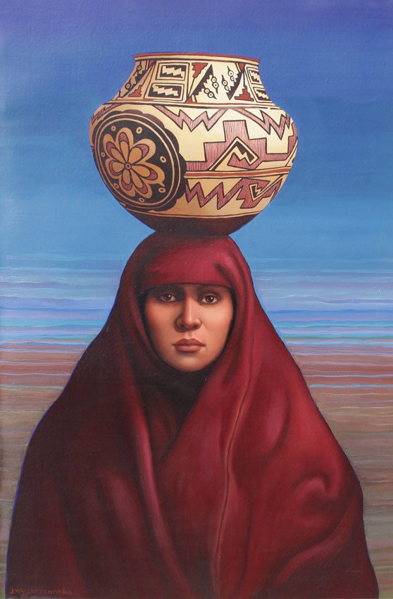 CHRZANOSKA "ZULU WOMAN" PAINTING: CHRZANOSKA, Jane Whiting, (American, 1948- ): "Zuni Woman", Oil/Canvas stretched over a wood back protective frame, 37" x 25", signed JMW Chrzanoska lower left, encased in ornate frame, 44 1/2" x 32 1