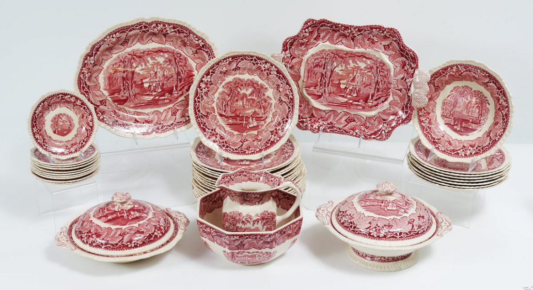42 pc. MASON'S VISTA IRONSTONE CHINA SET: MASON'S VISTA IRONSTONE CHINA: Approx. 41 pieces in the Vista pattern by Mason's to include 8 dinner plates (10 1/2"), 9 salad plates (10"), 10 bread, 8 soup bowls, platter (13 1/2" x 11"), tureen und