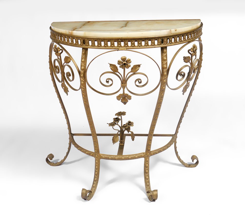 ALABASTER TOP GILT METAL SIDE TABLE: ALABASTER TOP GILT METAL SIDE TABLE: Demi lune alabaster top, gilt metal vase with pierced and floral motifs. 30" h. x 15" x 28".