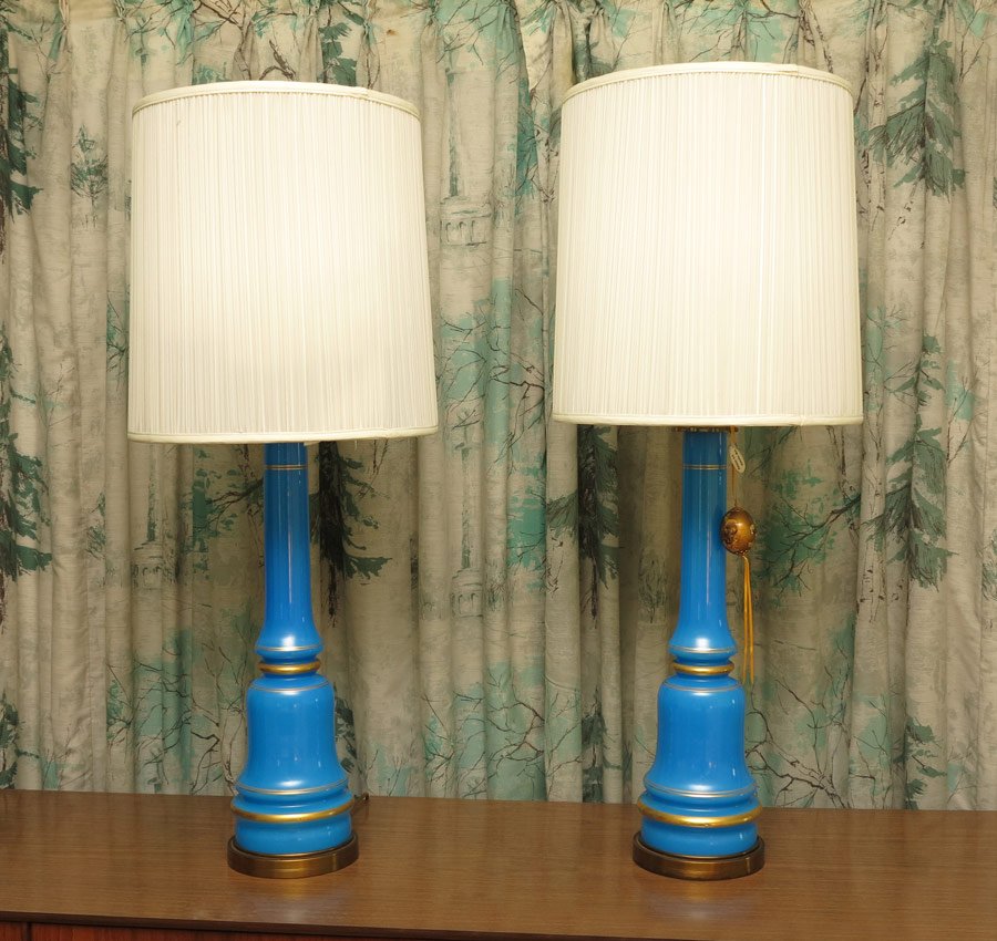 PAIR OF OPALINE GLASS TALL BLUE LAMPS: PAIR OF OPALINE GLASS TALL BLUE LAMPS: 38"h overall.