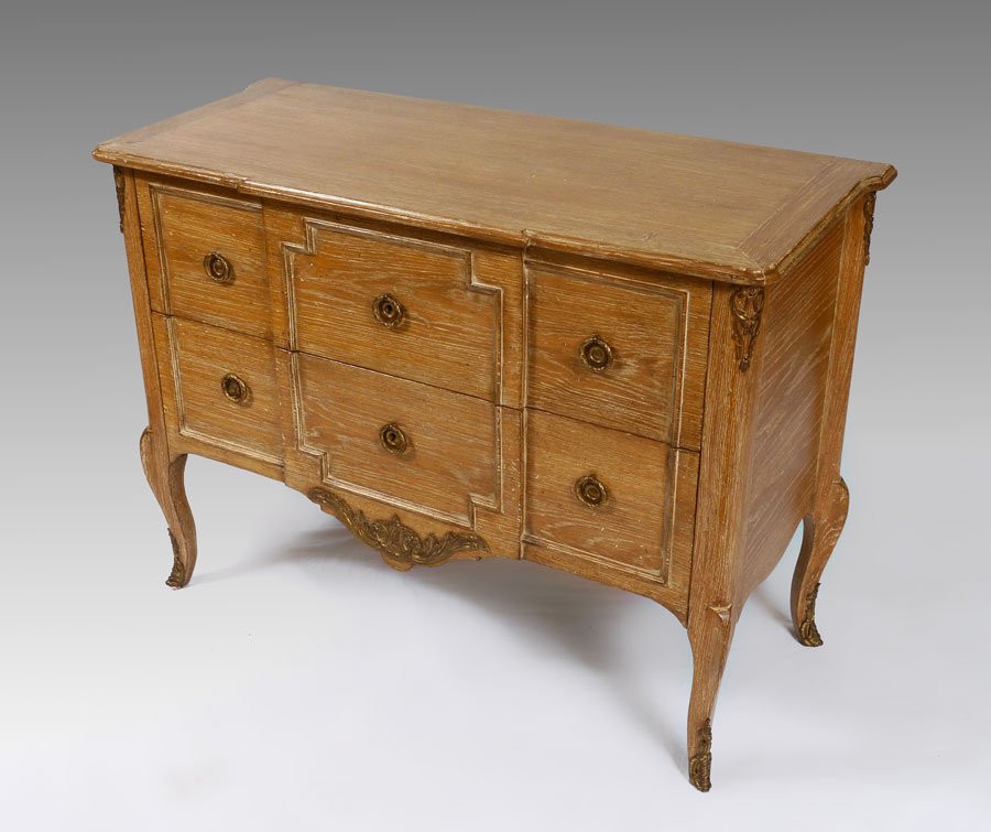 OAK 2 DRAWER CHEST: OAK 2 DRAWER CHEST: Shaped top over double locking drawers, on cabriole legs. Applied ormolu pulls and decoration on corners, skirt and feet. Keys in the office. 33" h. x 45 1/4" x 20".