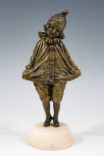 CHIPARUS LITTLE CLOWN BRONZE: CHIPARUS LITTLE CLOWN BRONZE: Small Clown Curtseying, Bronze, 7.875" in height, overall 9" in height, incised signature "H. Chiparus" on the bottom of the figure's cloak, "Made in France" etched into