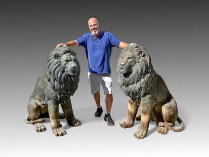 PR. LARGE BRONZE PALACE LIONS: PR. LARGE BRONZE PALACE LIONS: An opposing pair of Palatial life-size Bronze Lions. Approx. 54" h.