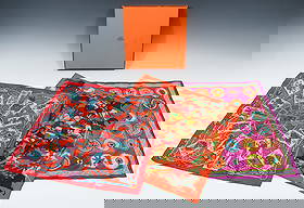 HERMES SCARVES IN BOX: HERMES SCARVES IN BOX: 3 Hermes silk scarves, signed and in original Hermes box. Each scarf is 16" square. 1) Designed by Virginie Jasmin, a well-known designer and Illustrator who created several sca