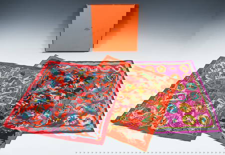 HERMES SCARVES IN BOX: HERMES SCARVES IN BOX: 3 Hermes silk scarves, signed and in original Hermes box. Each scarf is 16" square. 1) Designed by Virginie Jasmin, a well-known designer and Illustrator who created several