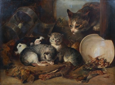 H.W. WEEKES BARN CAT AND KITTENS PAINTING