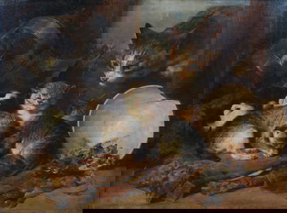 H.W. WEEKES BARN CAT AND KITTENS PAINTING: WEEKES, William H.W., (English, 1856-1909): Barn Cat and her Three Kittens, Oil/Canvas, 18" x 24", signed on the canvas under the frame, framed, 25" x 31".