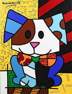 LARGE ROMERO BRITTO PAINTING "PUPPY LOVE": BRITTO, Romero, (Brazilian/American, b. 1963): "Puppy Love", Acrylic/Canvas, 40" x 30", signed upper left, also signed/titled/dated 2009 verso, sold with Certificate of Authenticity from Britto,