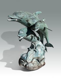 LARGE THREE DOLPHIN PATINATED BRONZE FOUNTAIN