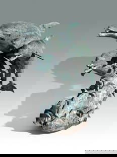 LARGE THREE DOLPHIN PATINATED BRONZE FOUNTAIN: LARGE THREE DOLPHIN PATINATED BRONZE FOUNTAIN: 36" in height, 40" wide, approximately 27" in diameter. Signed on the base.