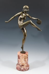 LAUREL, Pierre, (French, 1892-1962): Art Deco Nude Woman Mid-Dance holding a Tambourine, 14.5" in he