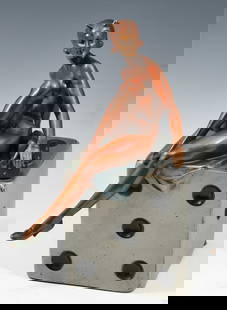 SHE-DEVIL ON A DIE SCULPTURE: SHE-DEVIL ON A DIE SCULPTURE: Woman in Heels and Skin-Tight Devil Suit sitting on a Six-Sided Die, 9.75" in height, no visible signature.