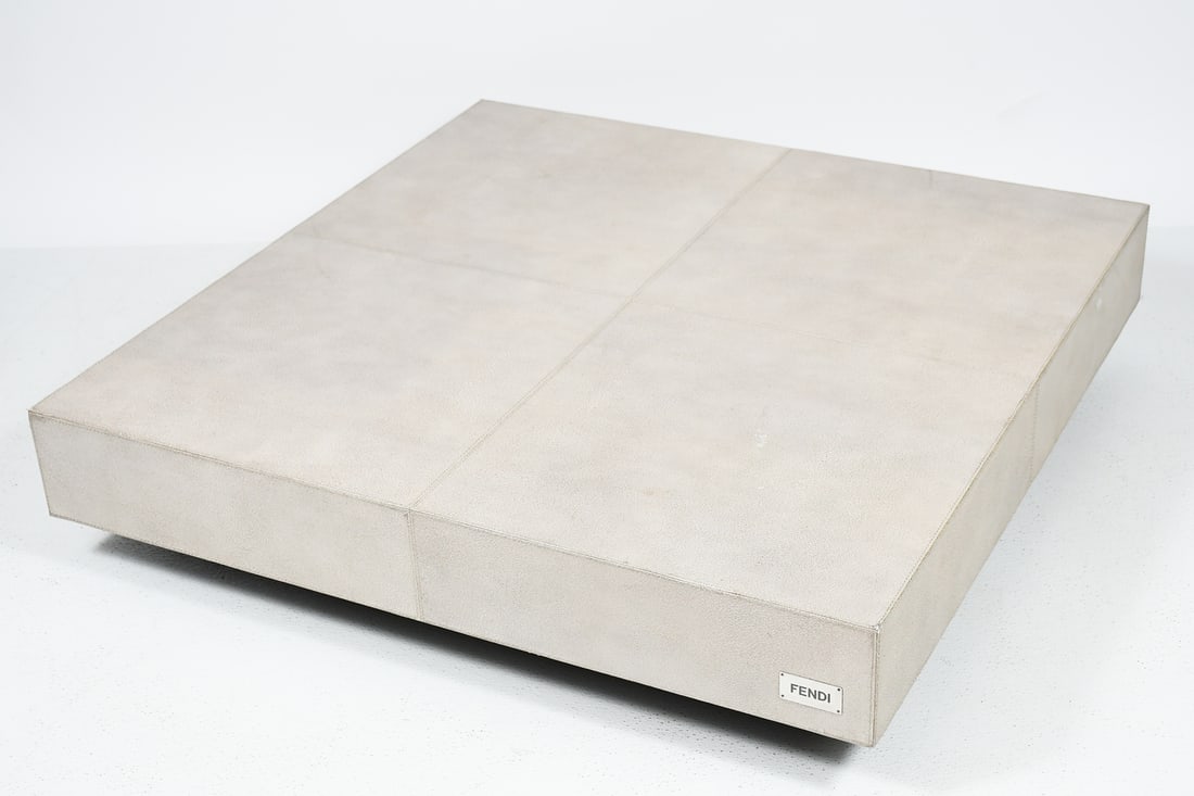 FENDI SHAGREEN COFFEE TABLE: FENDI SHAGREEN COFFEE TABLE: Silver Shagreen on wooden framed Coffee table, made by Fendi. Approx. 8.5" h x 37.5" w x 37.5" d.