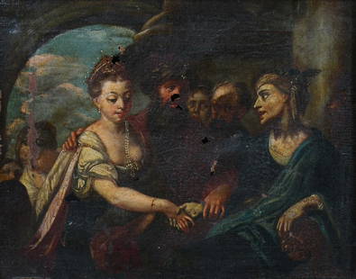 19TH CENTURY OLD MASTER-STYLE PAINTING: 19TH CENTURY OLD MASTER-STYLE PAINTING: Depicts several figures gathered in an interior in a dramatic moment. Oil/Canvas, 10.625" x 13.25", framed, 14.5" x 17".