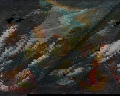 19TH CENTURY OLD MASTER-STYLE PAINTING: 19TH CENTURY OLD MASTER-STYLE PAINTING: Depicts several figures gathered with the ocean in the background. Oil/Canvas, 10.5" x 12.75", framed, 14.5" x 17".