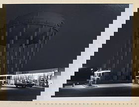 GEORGE TICE MOBILE STATION PHOTOGRAPH: TICE, George, (American, b. 1938): "Pennant's Mobile Station and Water Tower, Cherry Hill, NJ, 1974". Photograph, 7.5" x 9.5", signed on the mat lower right, titled in the upper margin verso, unframed