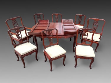 CHINESE ROSEWOOD DINING TABLE WITH 3 LEAVES 8 CHAI