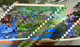 BEAUTIFUL TIFFANY INSPIRED STAINED GLASS WINDOW: BEAUTIFUL TIFFANY INSPIRED STAINED GLASS WINDOW: A Colorful Stained Glass window inspired by Tiffany's "View of Oyster Bay" window. Framed. Approx. 37.5" h x 51.5" w x 1.125" d.