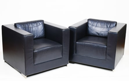 PR. BERNHARDT DARK BLUE LEATHER CLUB CHAIRS