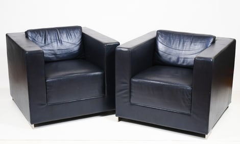 PR. BERNHARDT DARK BLUE LEATHER CLUB CHAIRS