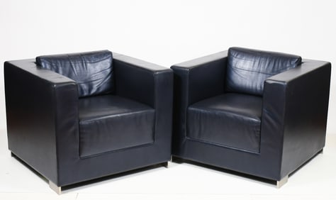PR. BERNHARDT DARK BLUE LEATHER CLUB CHAIRS